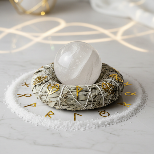 Esfera de cristal blanca con salvia y símbolos dorados de protección